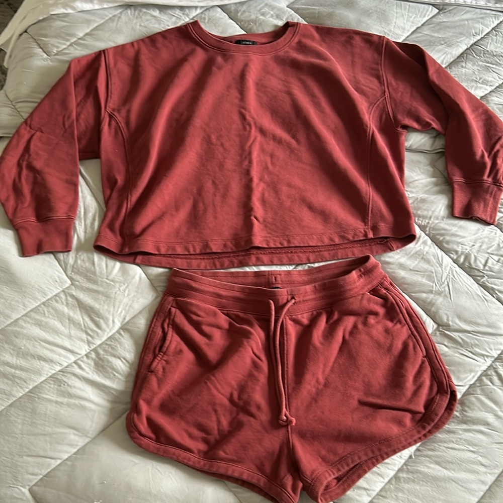 J.Crew University Terry Drawstring Shorts & Cropped Sweatshirt matching set red
